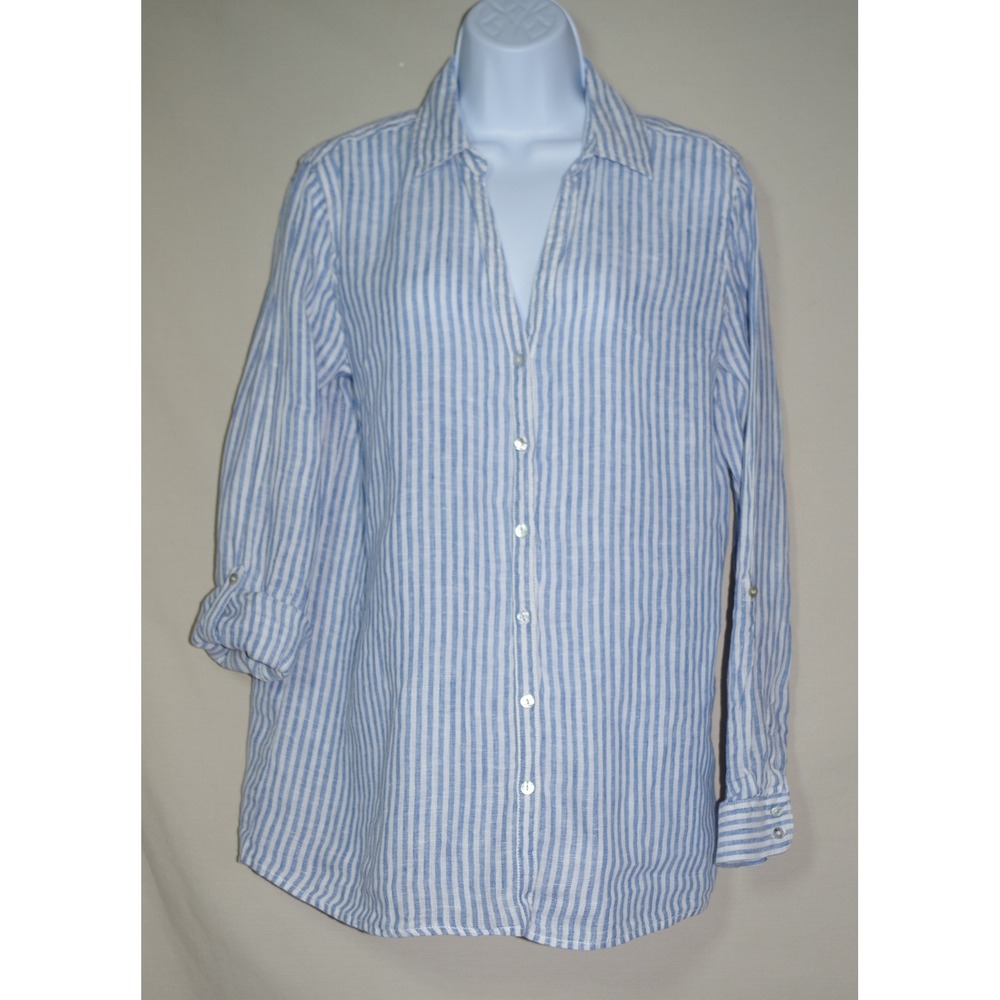Jones & Co Jones New York Medium 100% Linen Blue White Striped Roll Tab Shirt